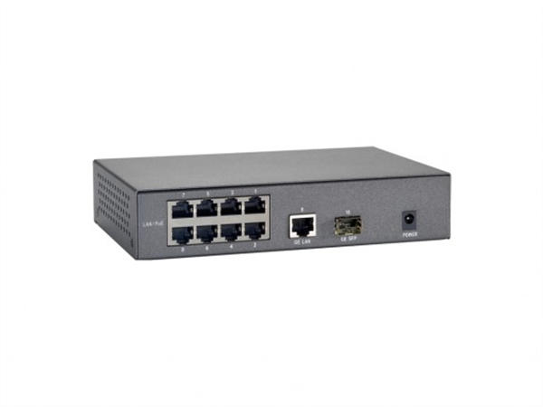10-Port Fast Ethernet PoE Switch, 1 x RJ45 Gigabit, 1 x SFP Gigabit, 9 PoE Outputs, 115W