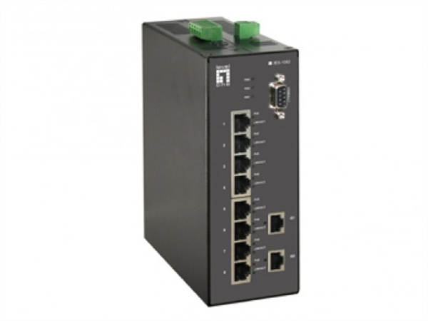 10/100/1000 Mbps 10-port Industrial Ethernet PoE Switch, 8x10/100Mbps 802.3af PoE ports, 2 x GigE Ports, DIN-rail and DC power input