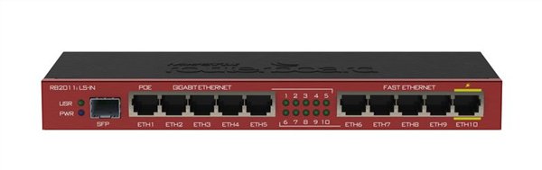 RouterBOARD, 5 10/100 Ethernet ports, 5 10/100/1000 Ethernet ports, 1 SFP Port, PoE In