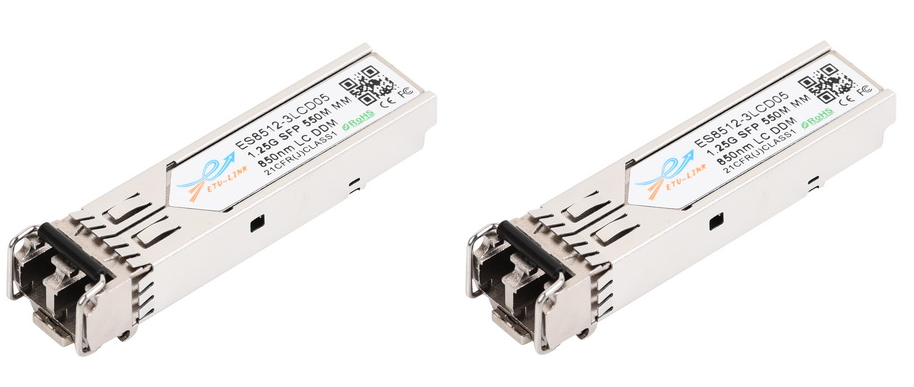Pair of Gigabit multi-mode SFP modules, 550m range, LC connector