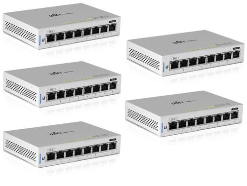 5-Pack of US-8 Switch, 8 Gigabit Ethernet Ports, 1x PoE out, 1x PoE in