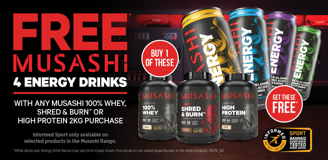 Musashi 2kg protein and 4 energy drinks 