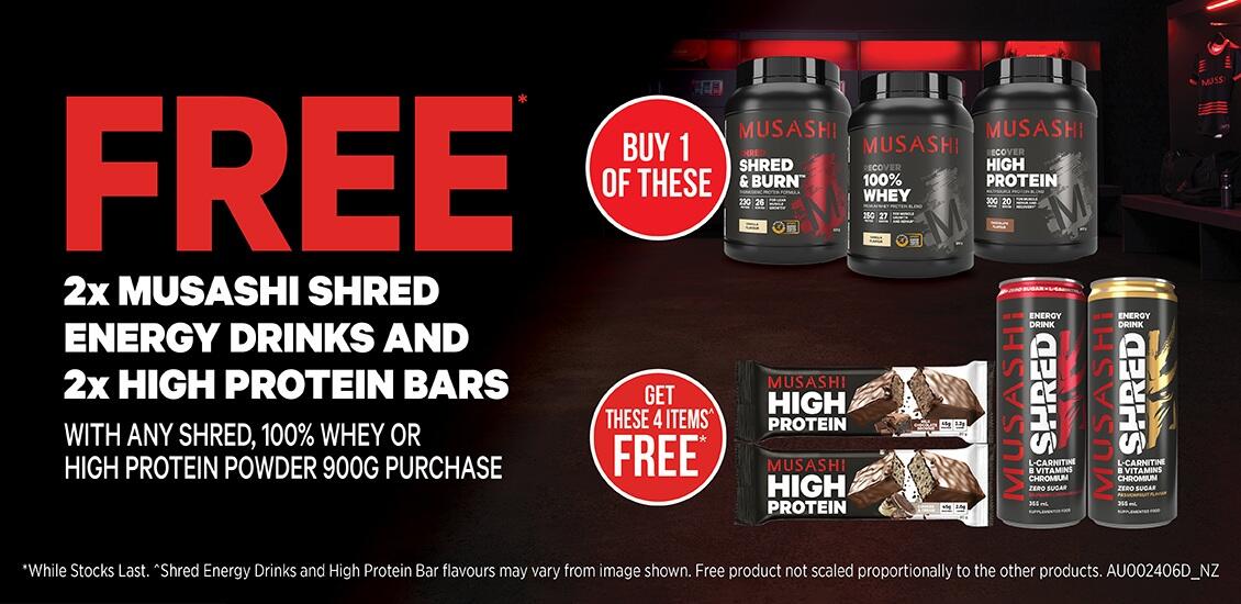 Musashi 900g and shred drinks + bars 