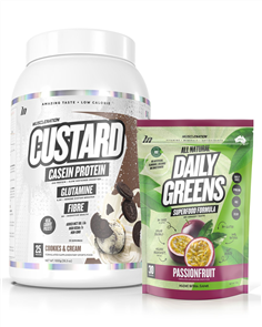 MUSCLE NATION CUSTARD CASEIN PROTEIN & DAILY GREENS COMBO